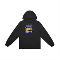 Black hoodie with colorful 'Just One Byte' text on a white background