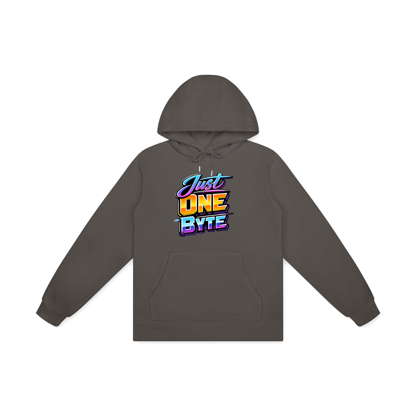 Gray hoodie with 'Just One Byte' text design on a white background