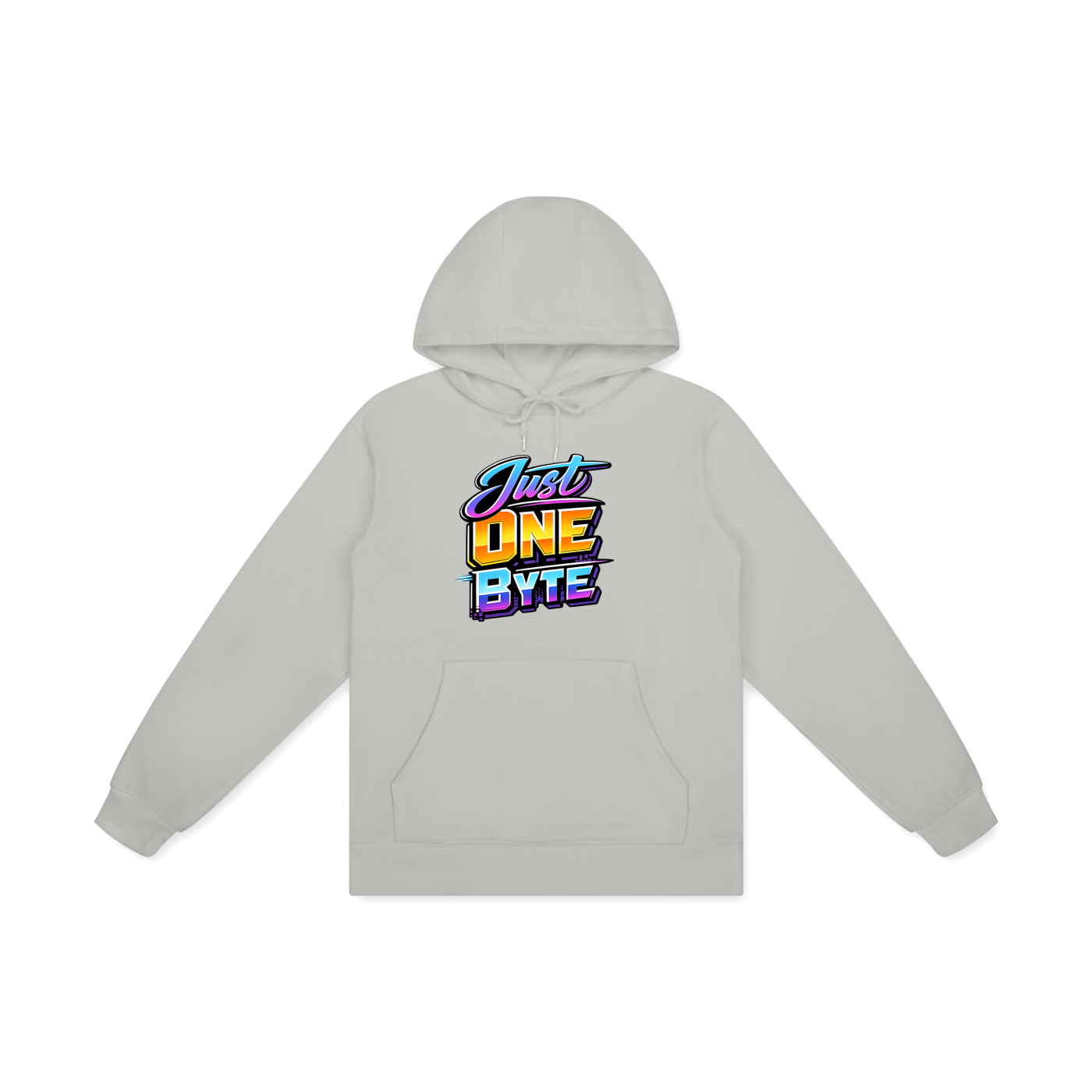 Gray hoodie with 'Just One Byte' text on a white background