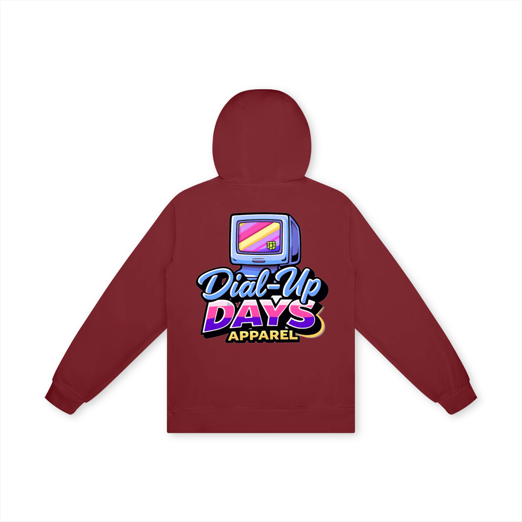 Maroon hoodie with 'Dial-Up Days Apparel' logo on the back against a white background