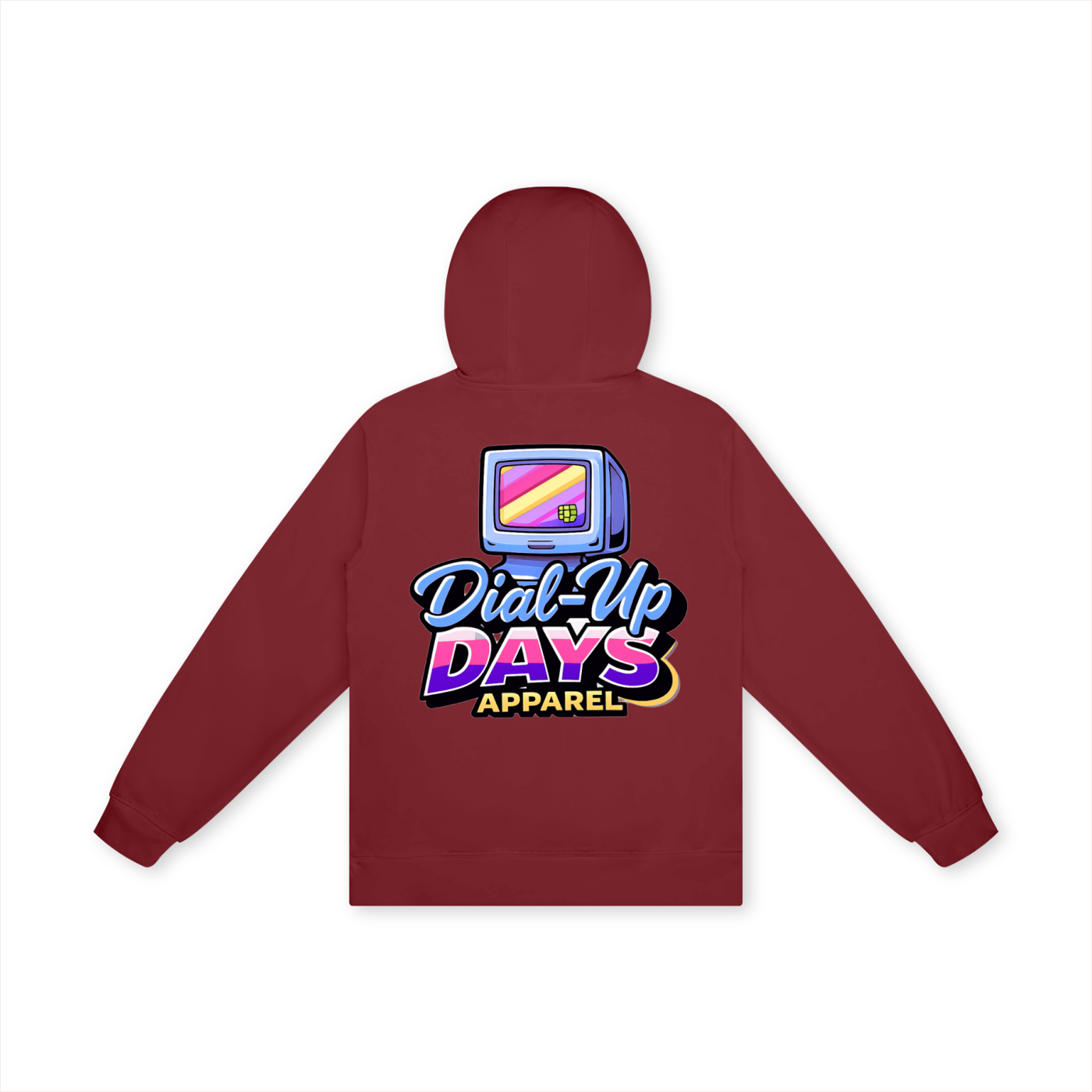 Maroon hoodie with 'Dial-Up Days Apparel' logo on the back against a white background