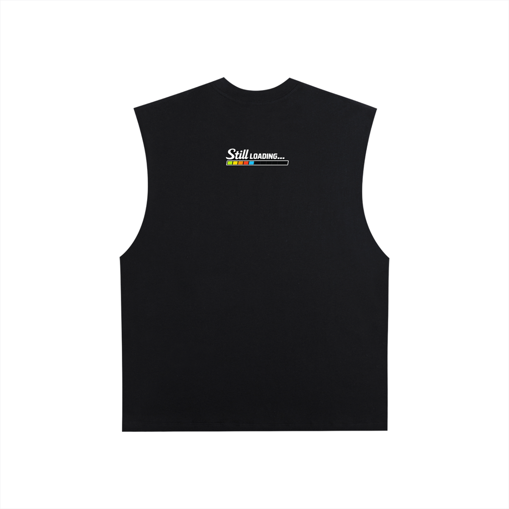 Black sleeveless shirt with 'Still Loading' text on a white background