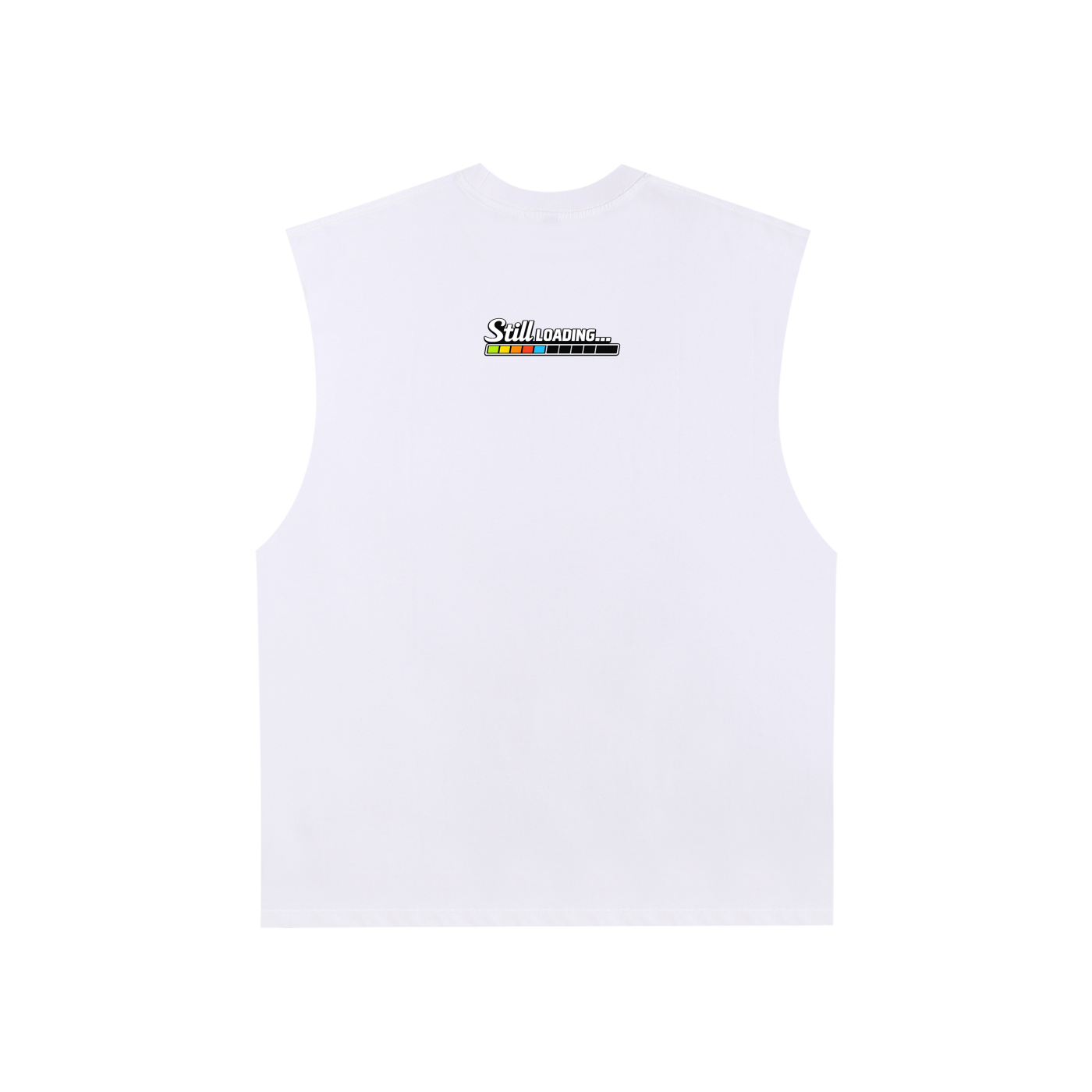 White sleeveless shirt with a logo on the chest against a white background