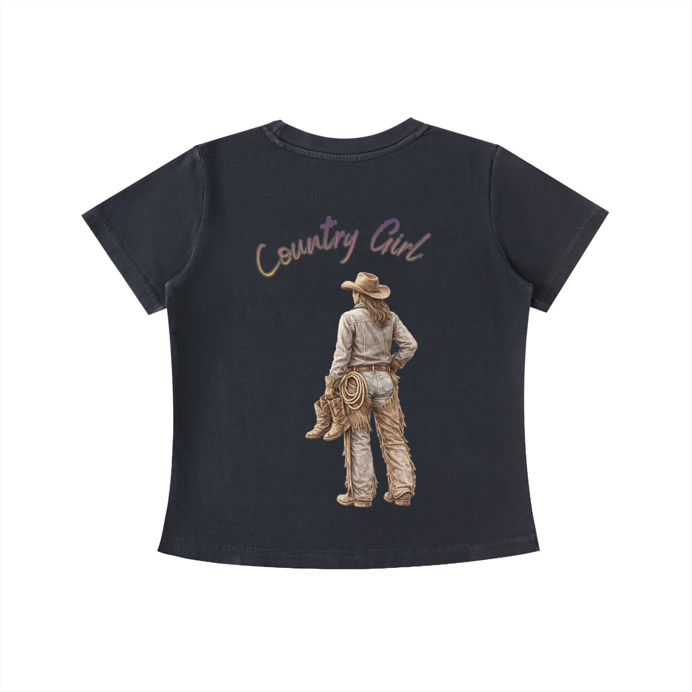 Black t-shirt with a graphic of a cowboy and 'Country Girl' text on a white background