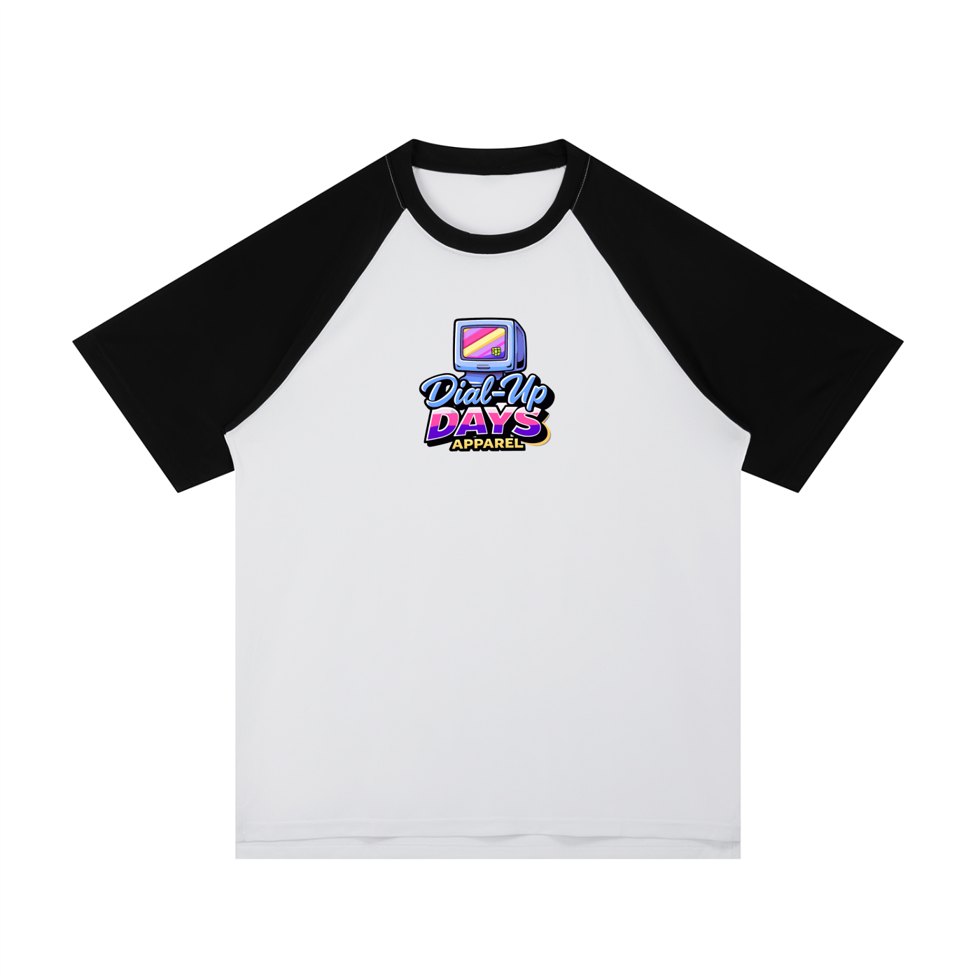 White t-shirt with black sleeves on a white background