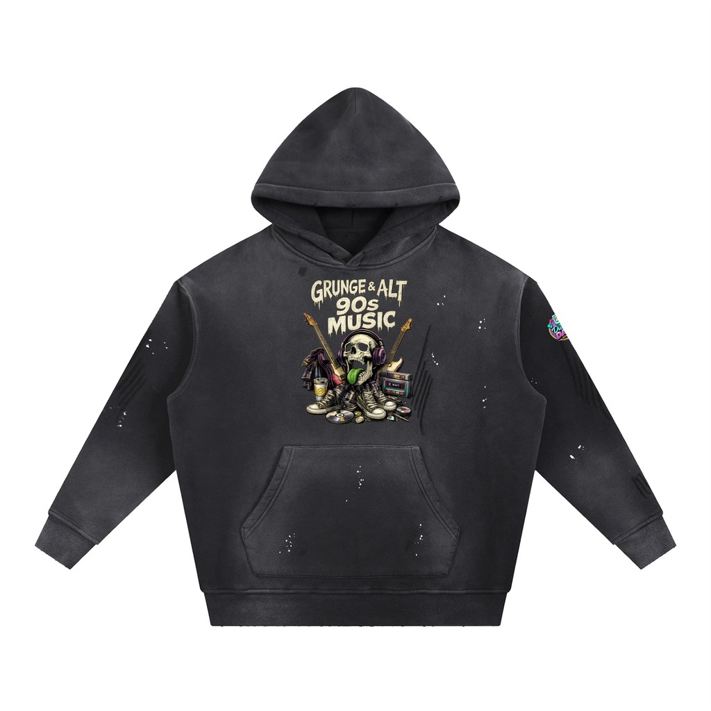 Black hoodie with graphic design and text on a white background