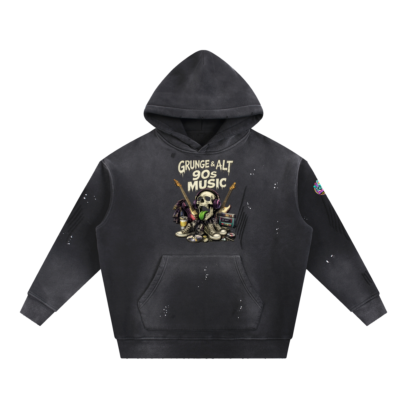 Black hoodie with graphic design and text on a white background