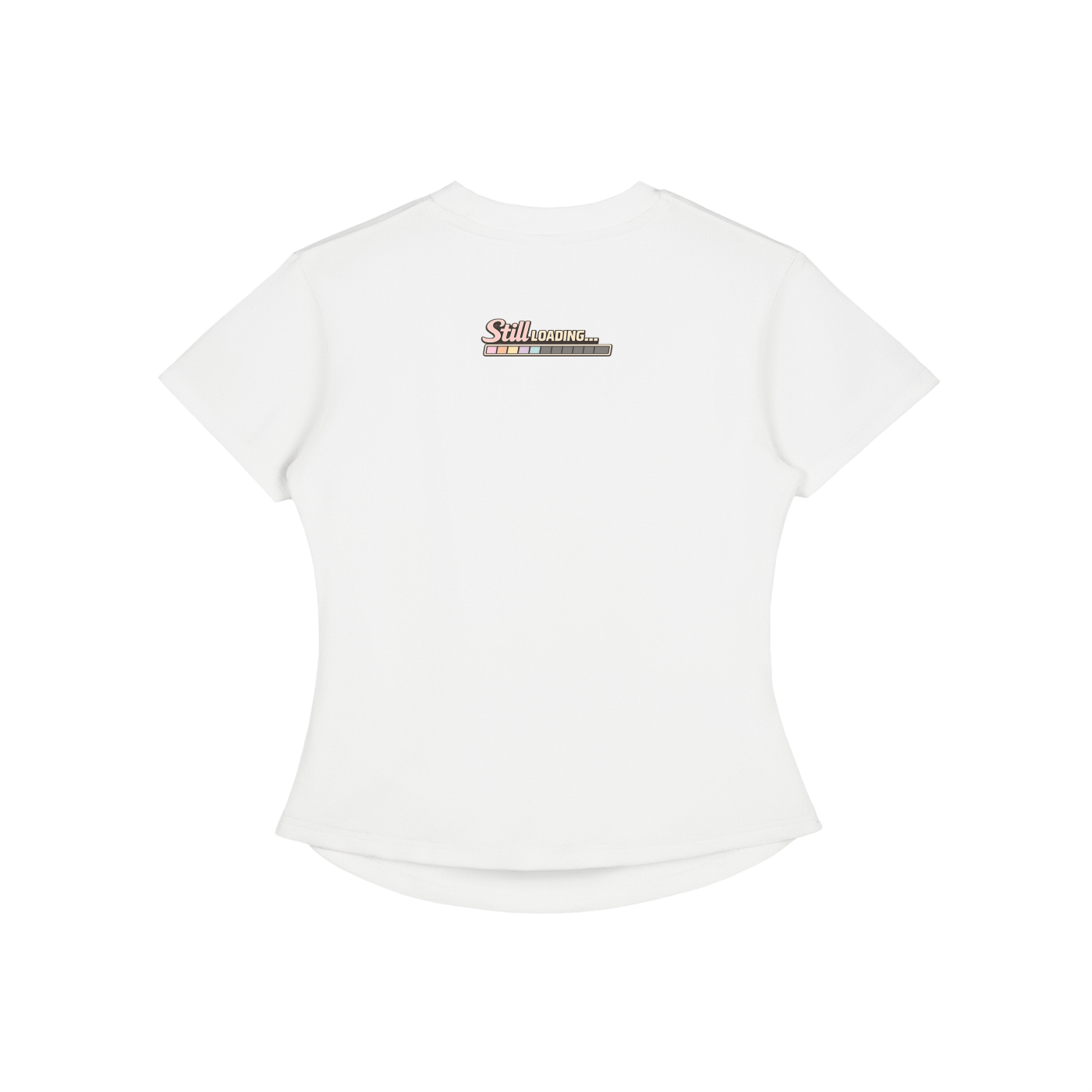White t-shirt with a logo on the chest against a white background