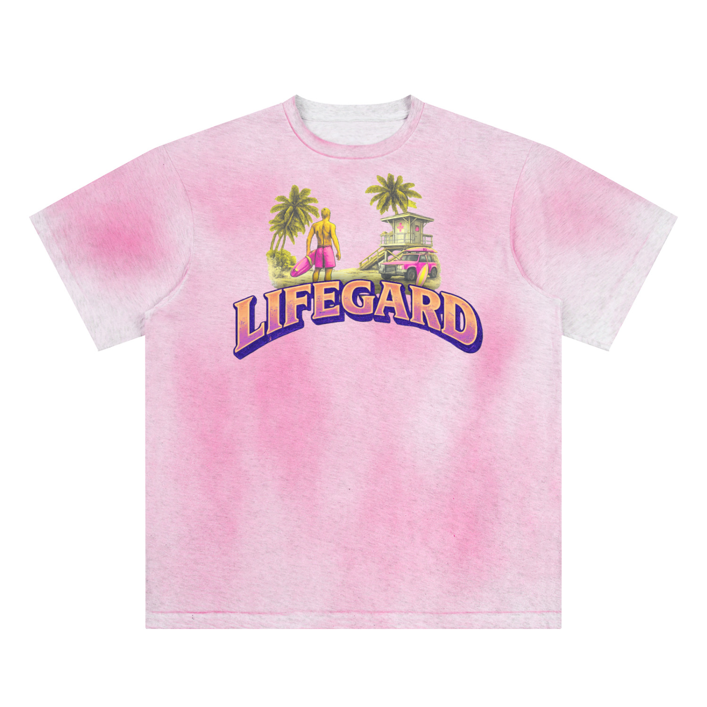 Pink and white tie-dye t-shirt with 'LIFEGARD' and beach graphics on a white background