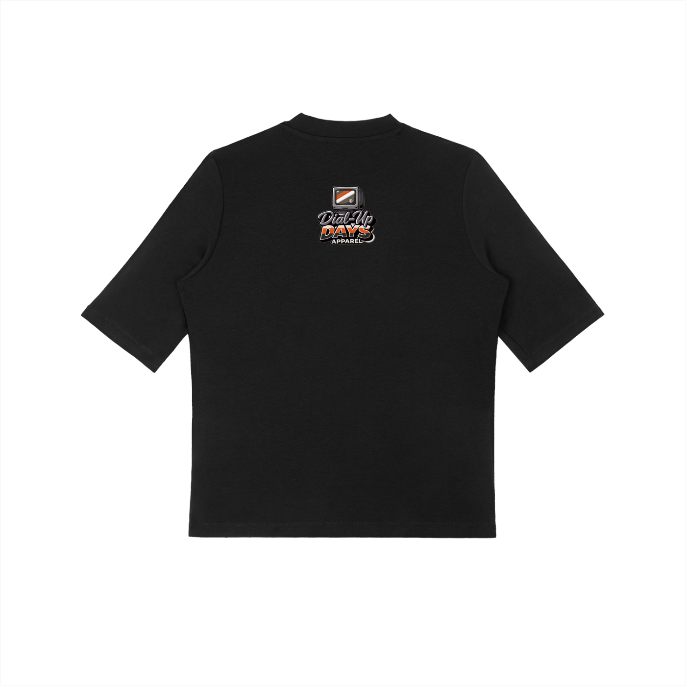 Black t-shirt with a logo on the chest against a white background