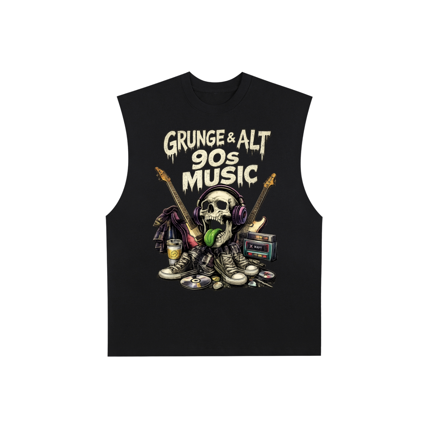 Black sleeveless shirt with 'Grunge & Alt 90s Music' design featuring a skull, guitars, and other elements on a white background.