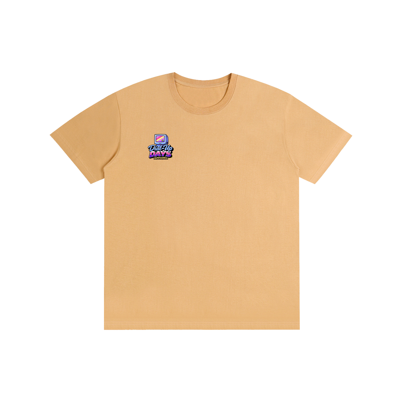 Beige t-shirt with a logo on the chest against a white background