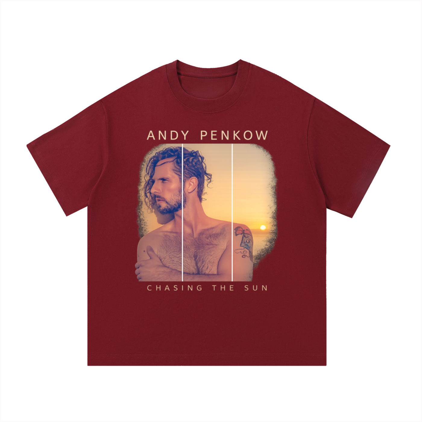 Maroon t-shirt with a graphic of a man and text 'Andy Penkow Chasing the Sun' on a white background