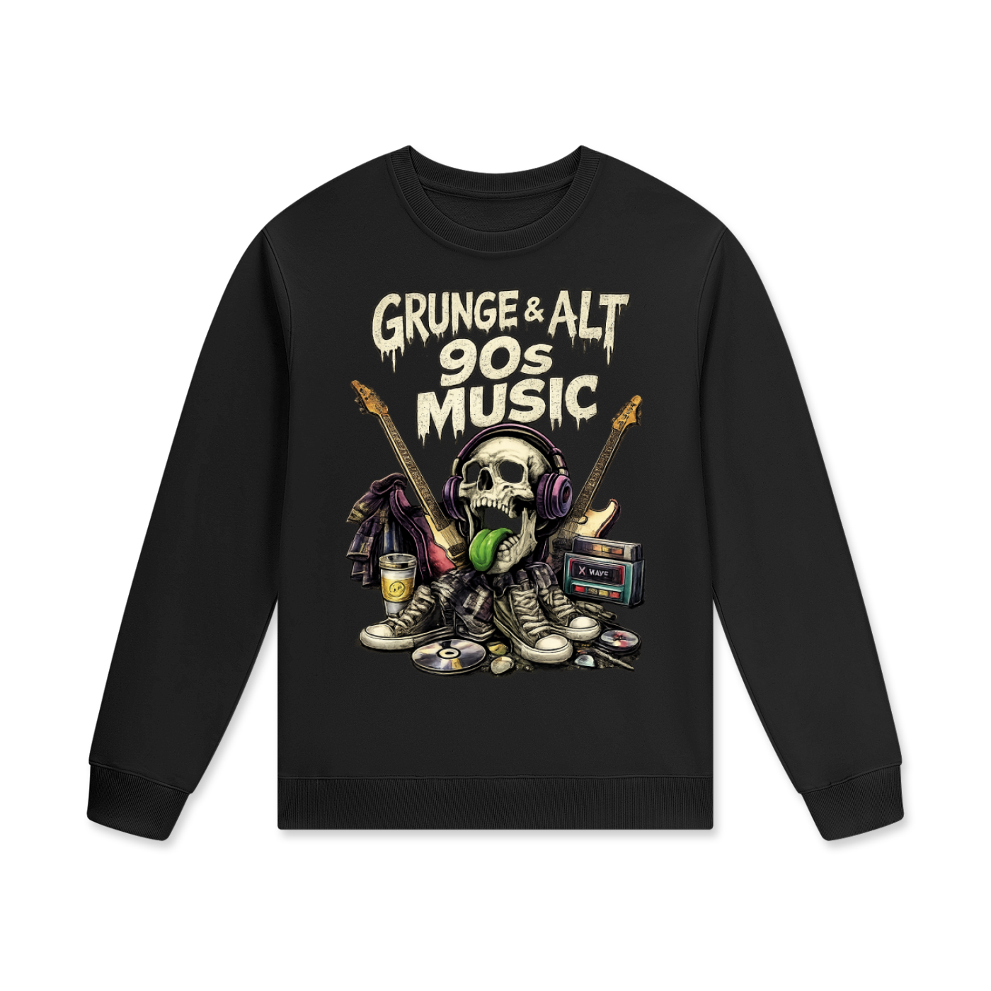 Black sweatshirt with 'Grunge & Alt 90s Music' design featuring a skeleton, guitars, and music-related items on a white background.