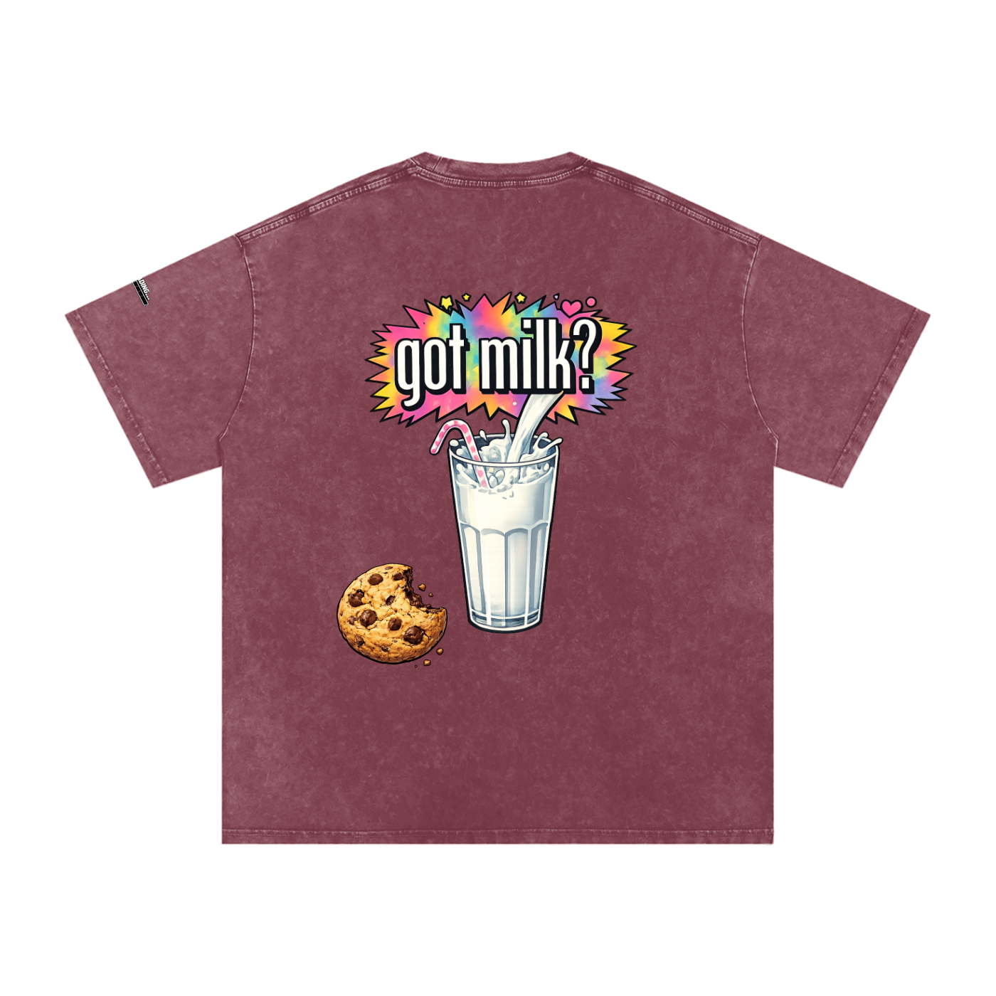 Maroon t-shirt with 'got milk?' graphic and cookie on a white background