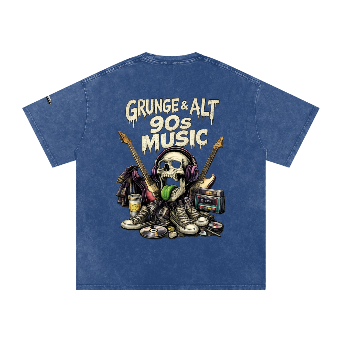 Blue t-shirt with a graphic design of a skeleton, guitars, and text 'Grunge & Alt 90s Music' on a white background.