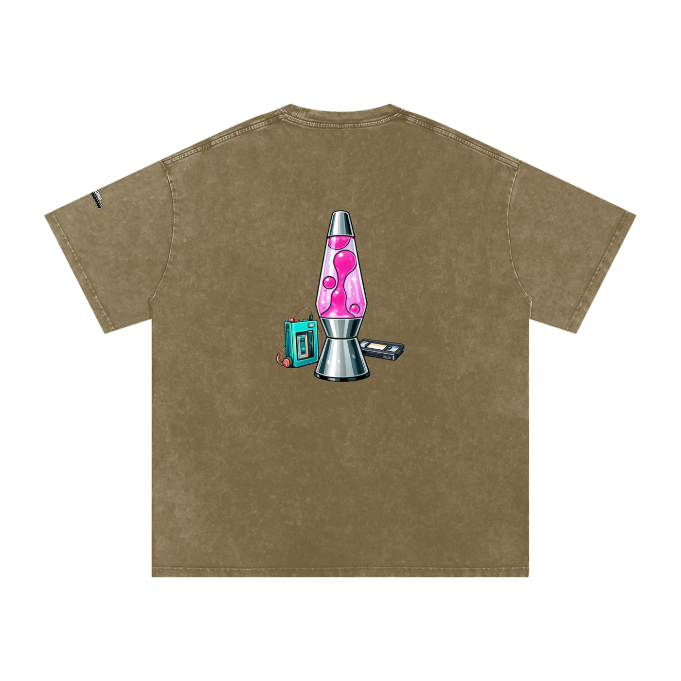 Brown t-shirt with a graphic of a lava lamp and a computer on the back
