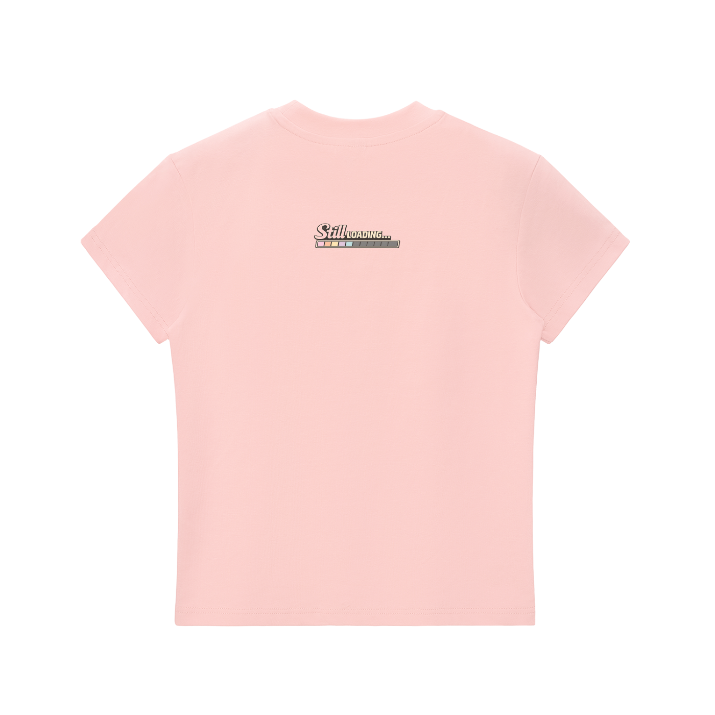Pink t-shirt with a small logo on the back against a white background