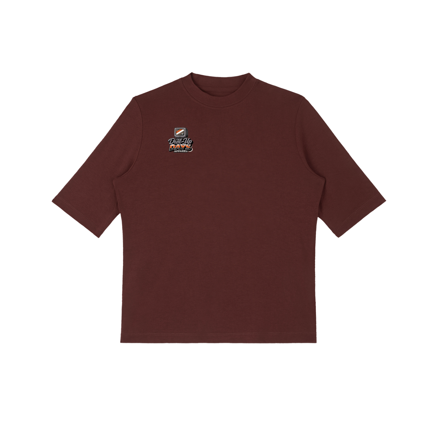 Brown t-shirt with a small logo on the chest against a white background