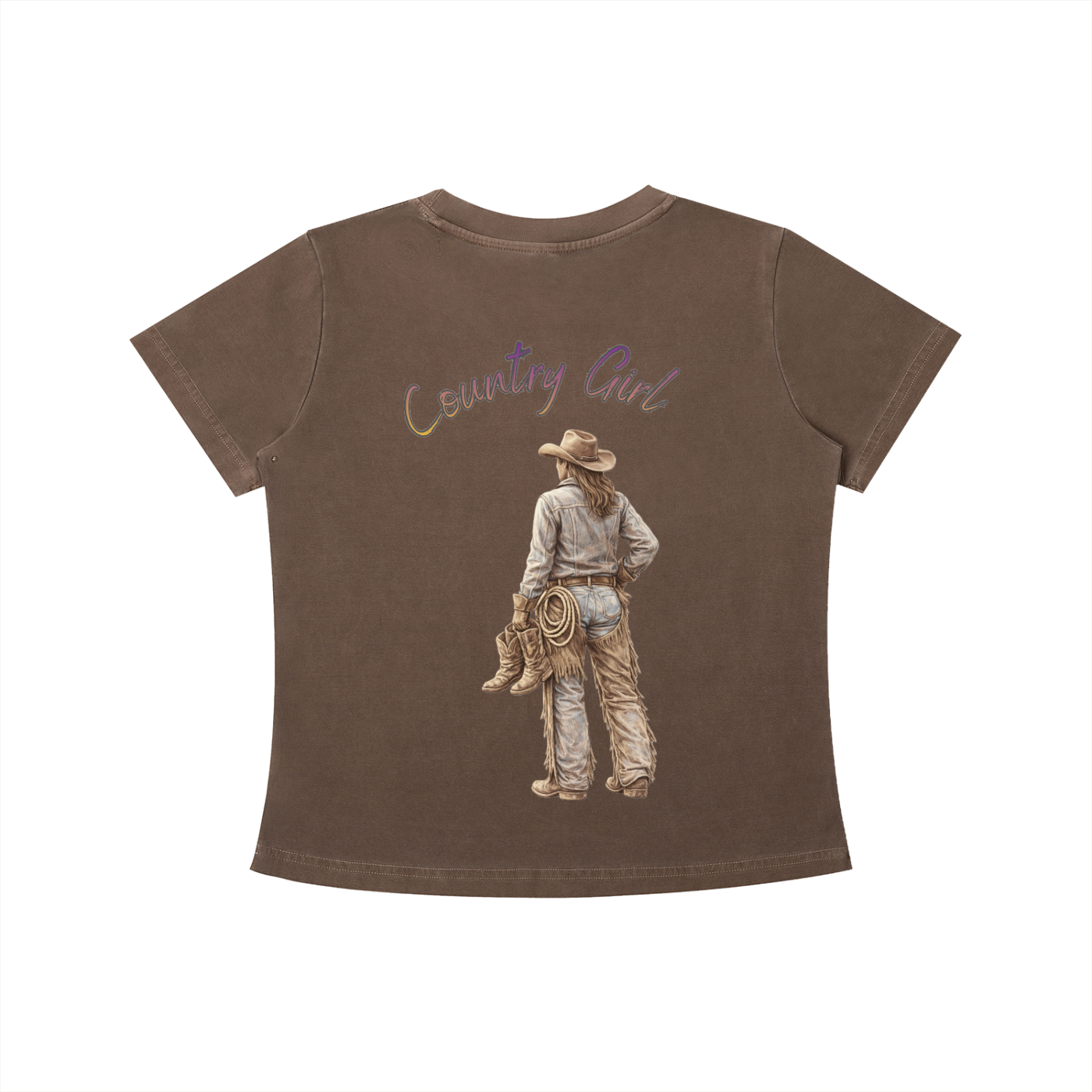Brown t-shirt with a graphic of a cowboy and 'Country Girl' text on a white background