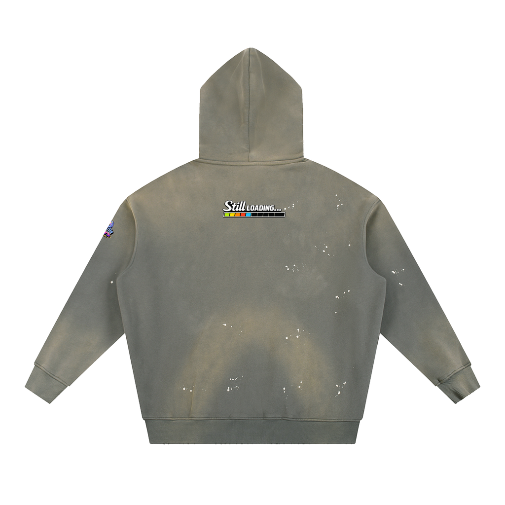 Gray hoodie with splatter design and text on the back against a white background