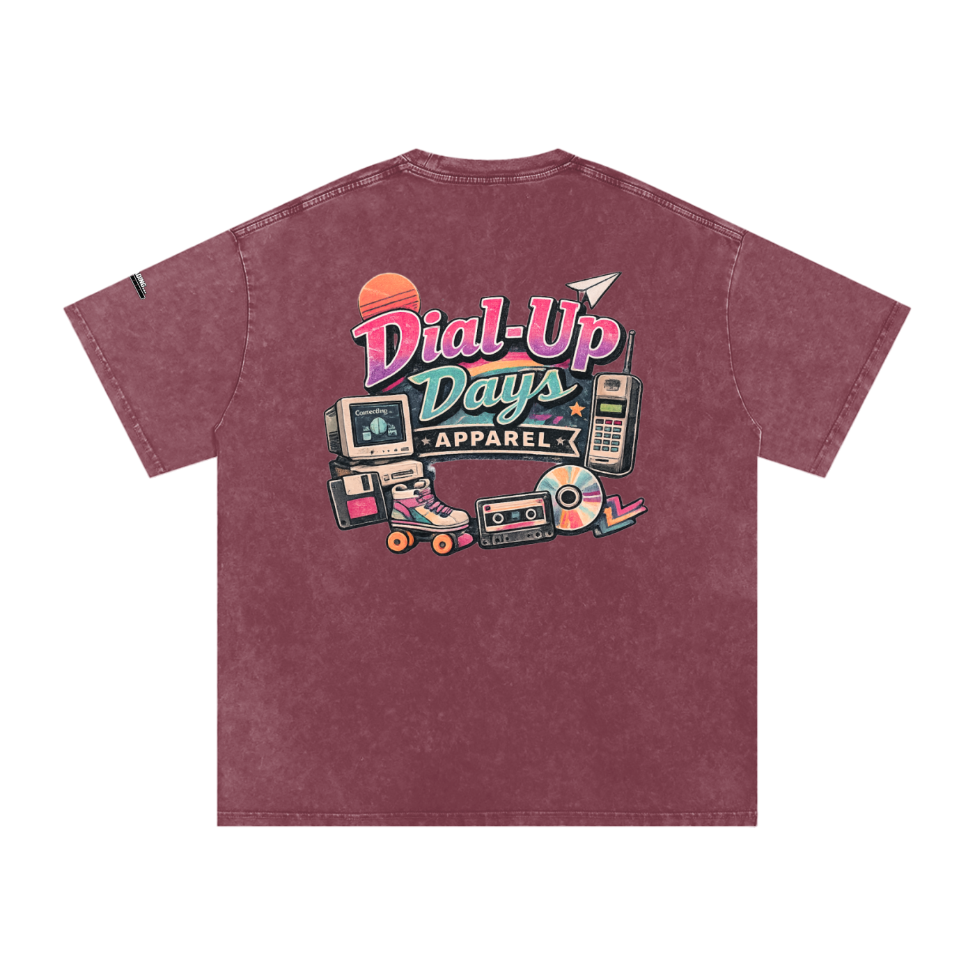 Maroon t-shirt with 'Dial-Up Days Apparel' graphic on a white background