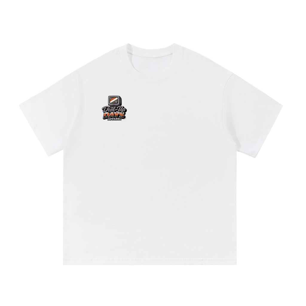 White t-shirt with a logo on the chest against a white background