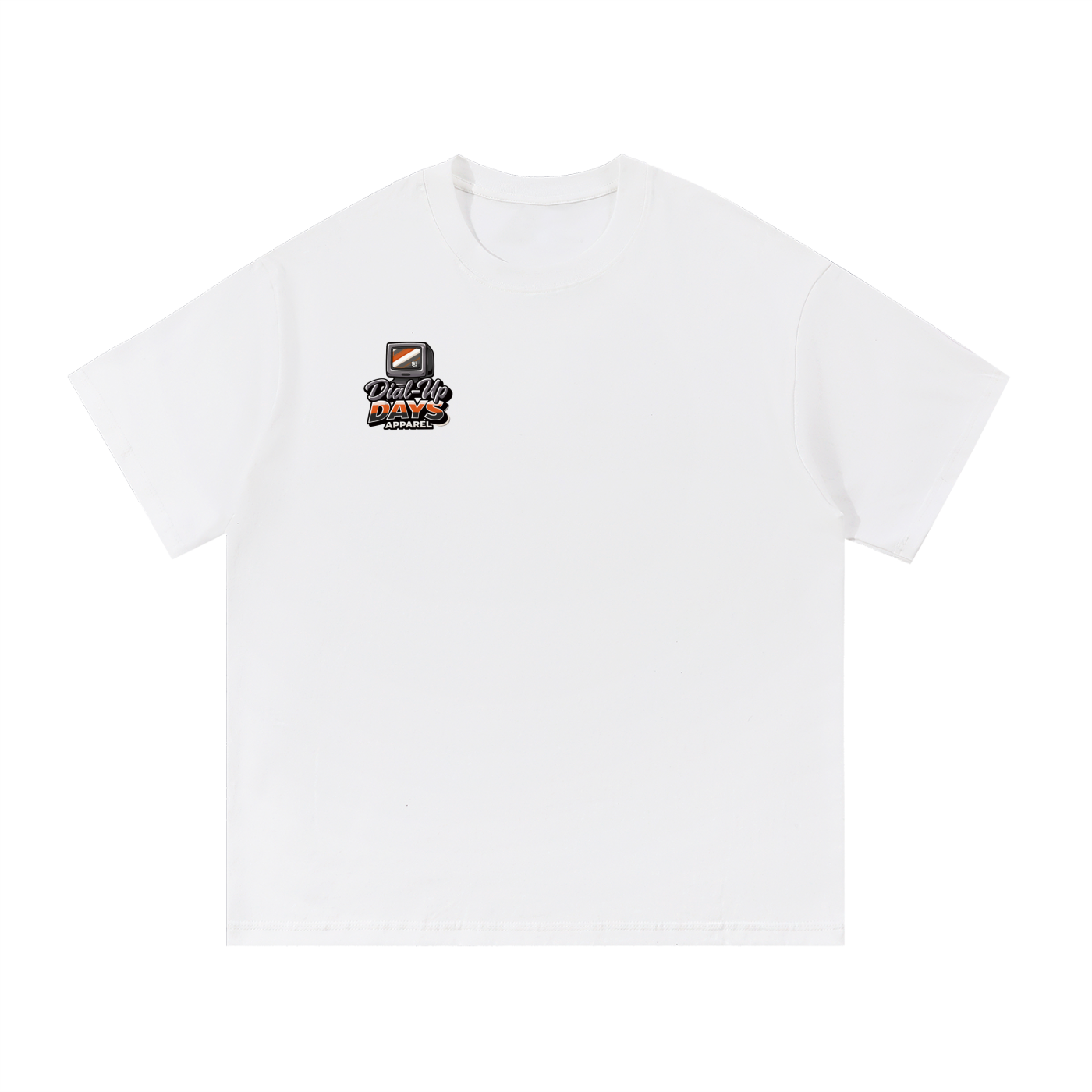 White t-shirt with a logo on the chest against a white background