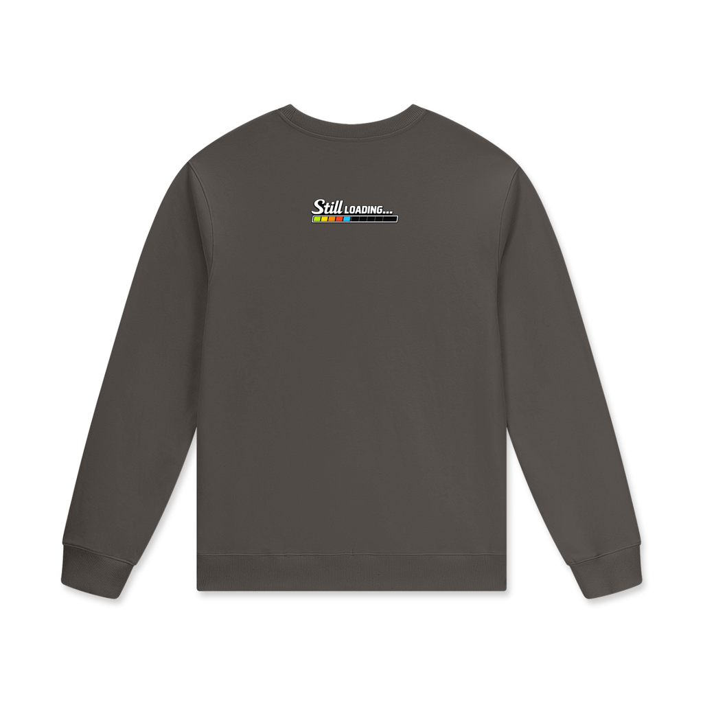 Dark gray sweatshirt with 'Still Loading...' graphic on the back against a white background