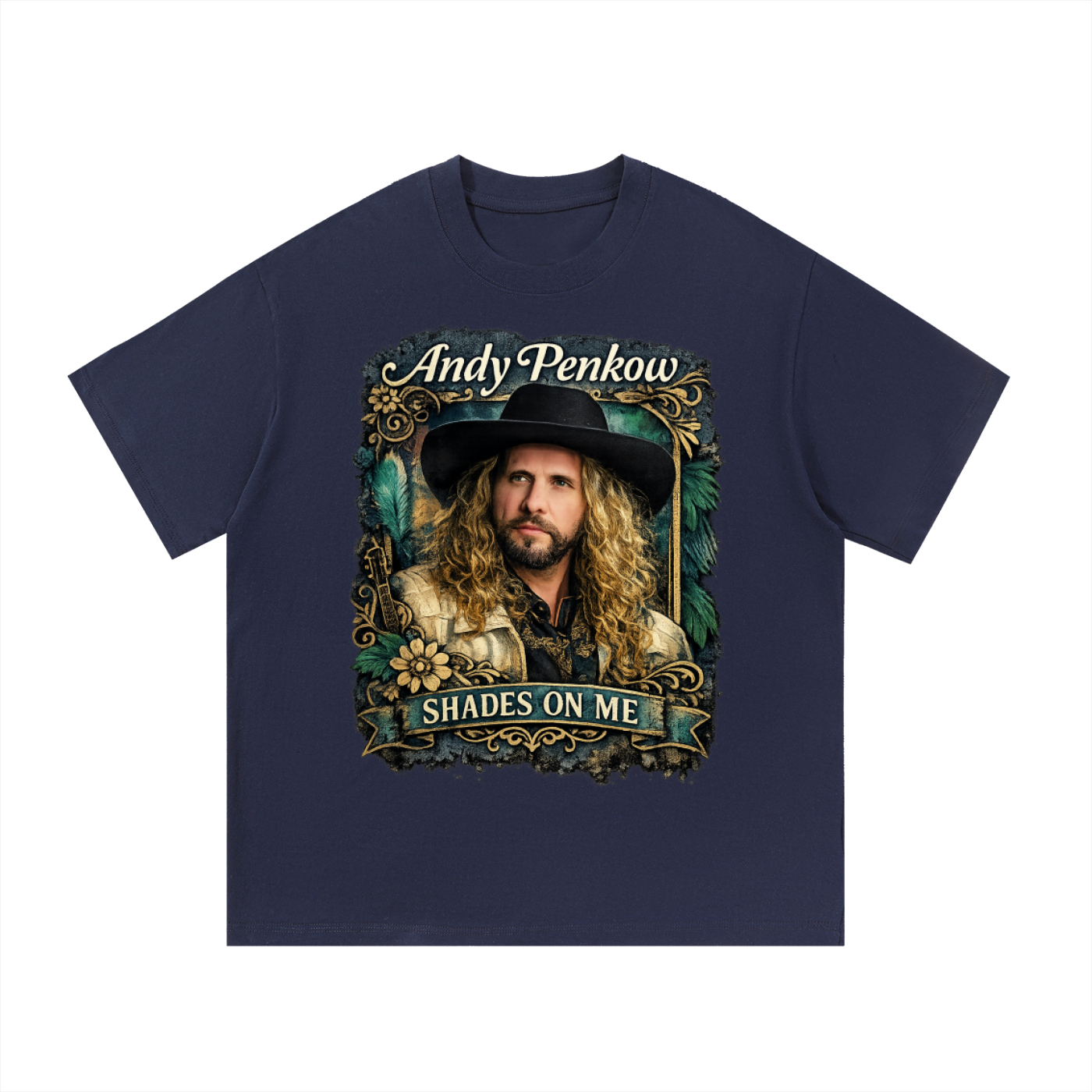 Navy blue t-shirt with a graphic of a person wearing a hat and text 'Andy Penkow Shades on Me' on a white background