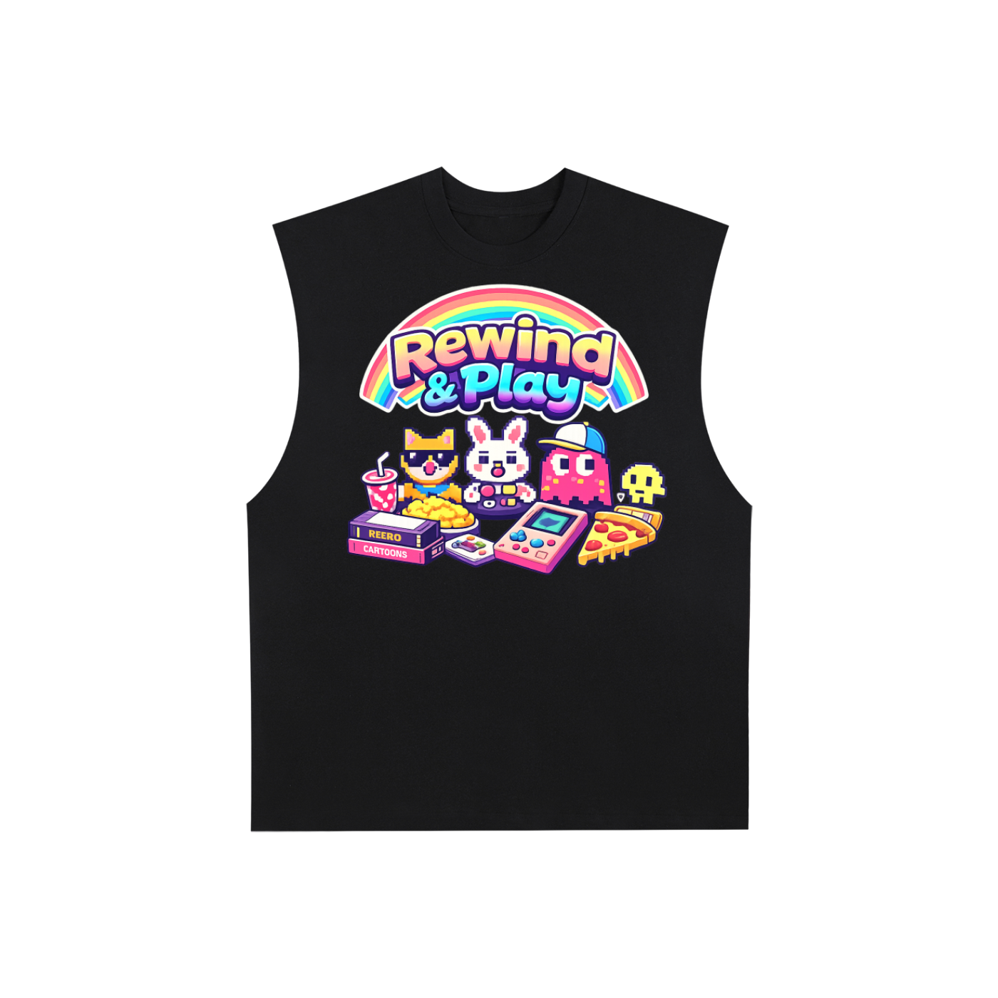 Black sleeveless shirt with colorful 'Rewind & Play' graphic design on a white background
