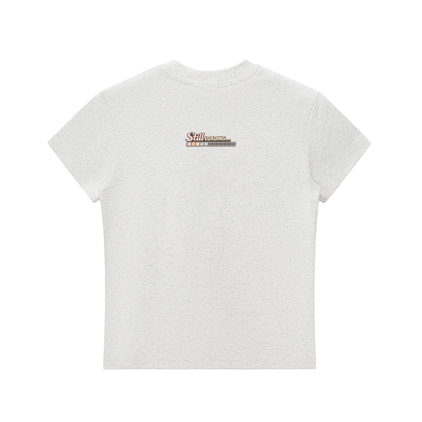 White t-shirt with a small logo on the back against a white background