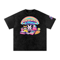 Black t-shirt with colorful graphic design featuring text 'Rewind & Play' and cartoon characters on a white background.
