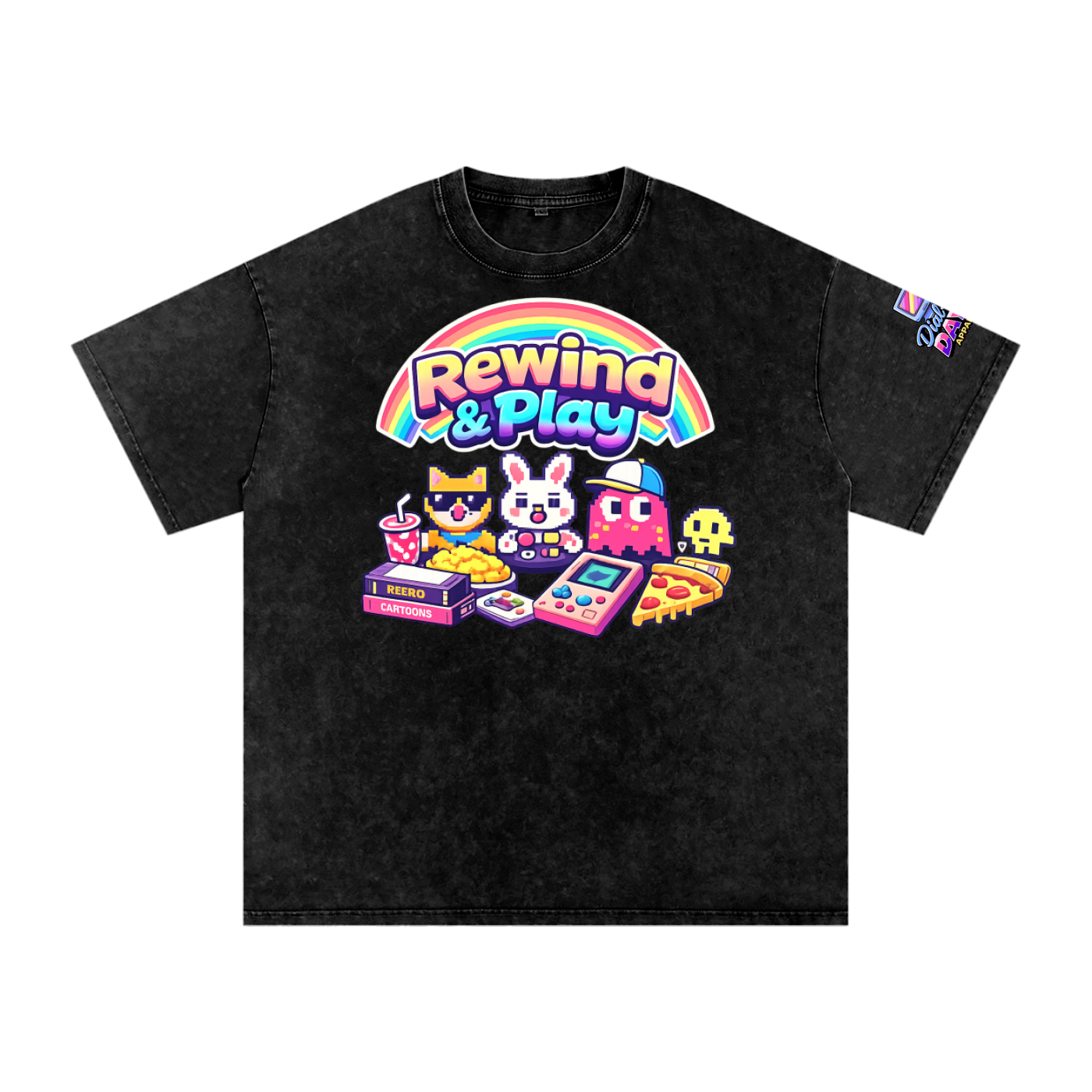 Black t-shirt with colorful graphic design featuring text 'Rewind & Play' and cartoon characters on a white background.