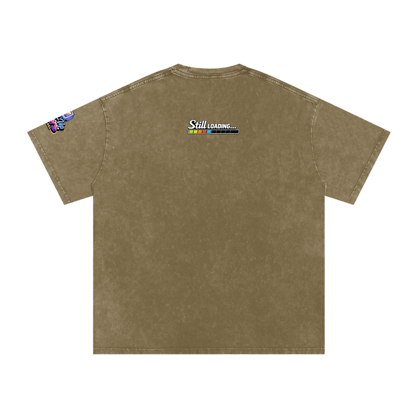 Brown t-shirt with 'Still Loading...' text and colorful graphics on a white background