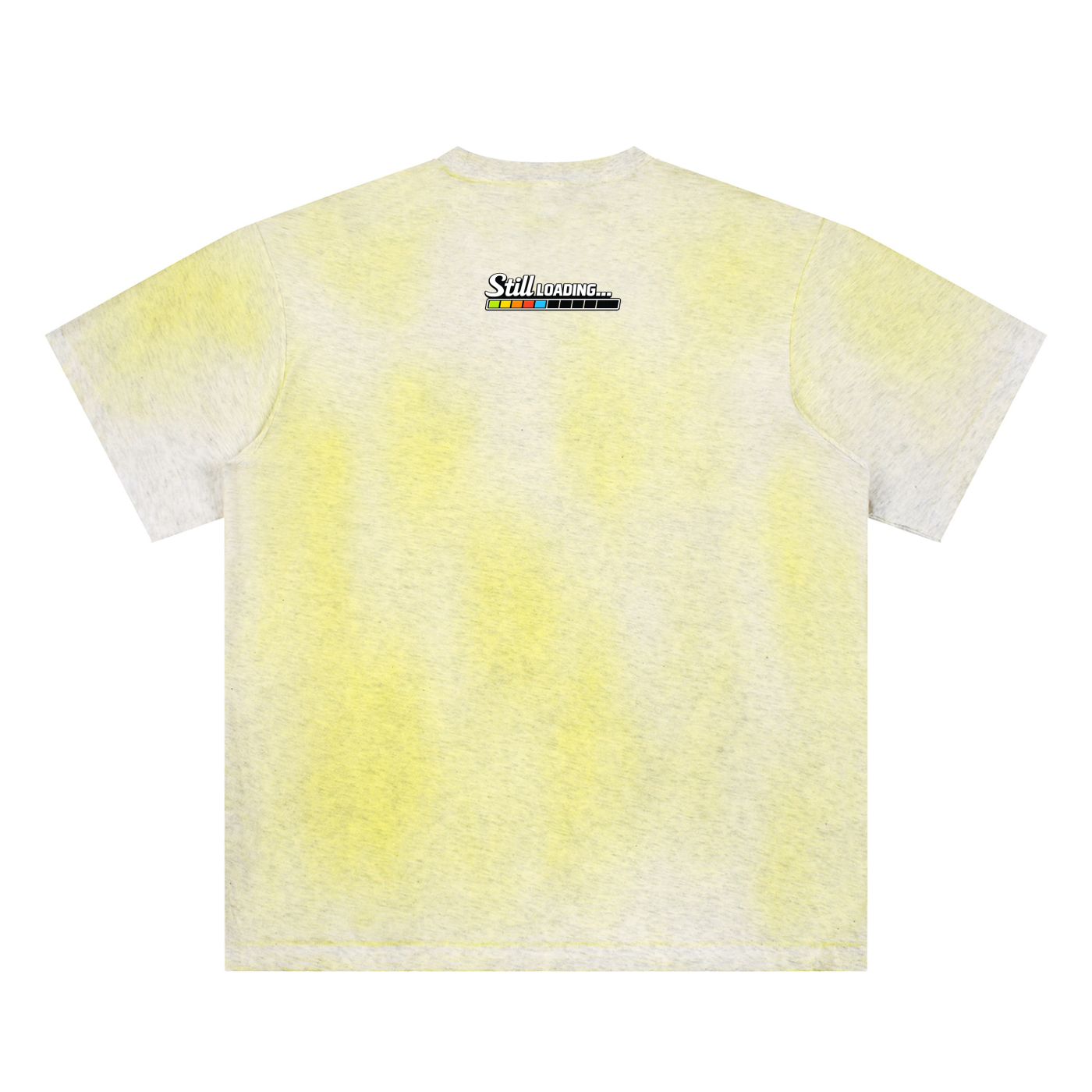 Yellow and white tie-dye t-shirt with a brand logo on a white background