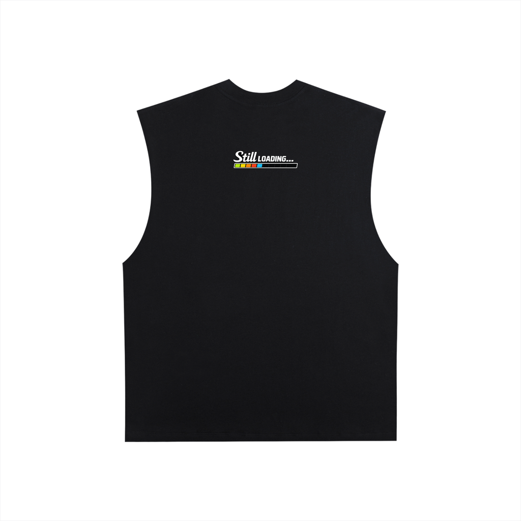 Black sleeveless shirt with colorful text design on a white background