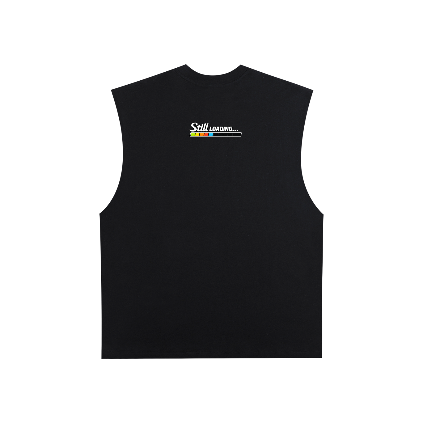 Black sleeveless shirt with colorful text design on a white background