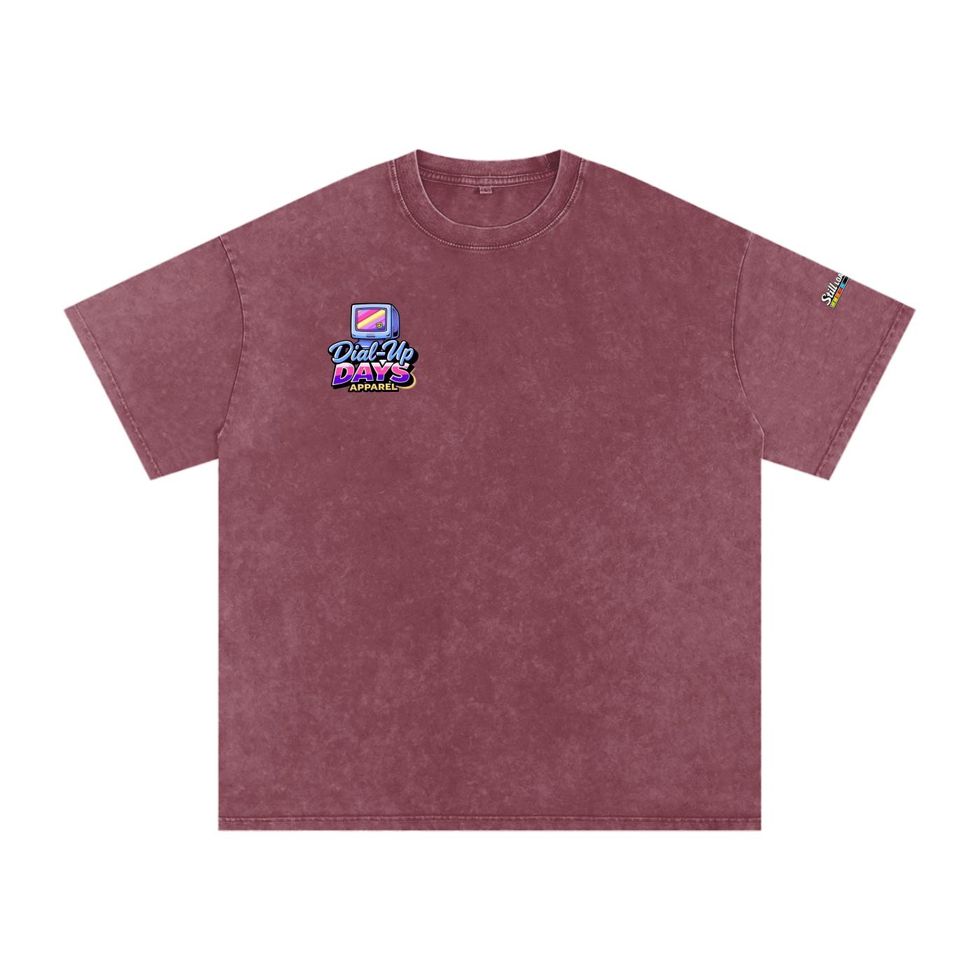 Maroon t-shirt with a logo on the chest against a white background