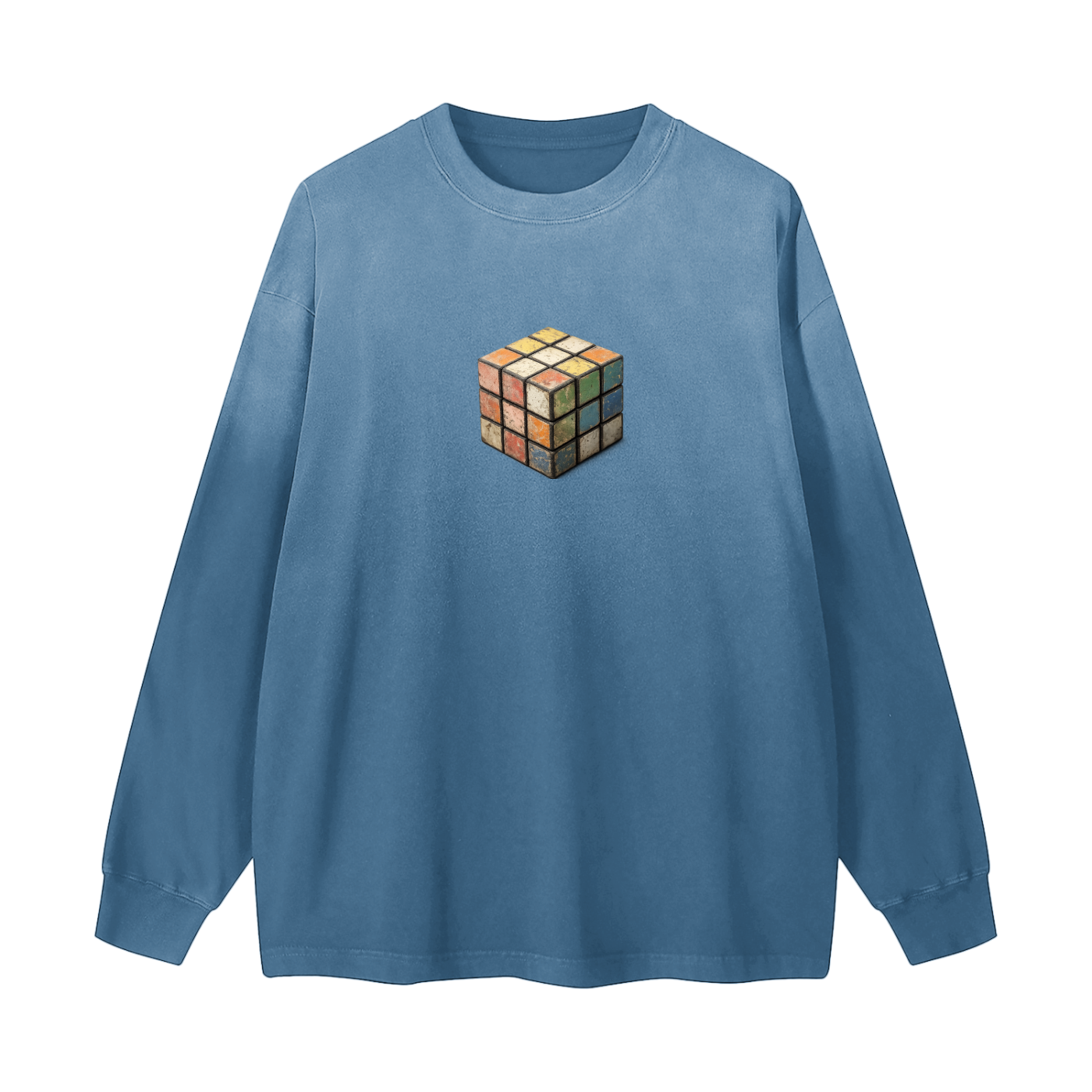 Blue long-sleeve shirt with a Rubik's Cube design on a white background