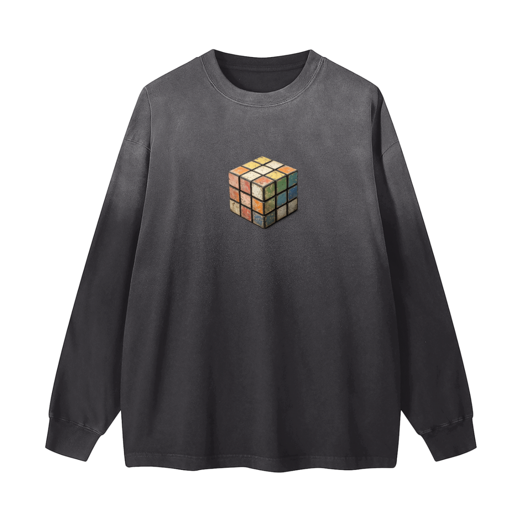 Black long-sleeve shirt with a colorful cube design on a white background
