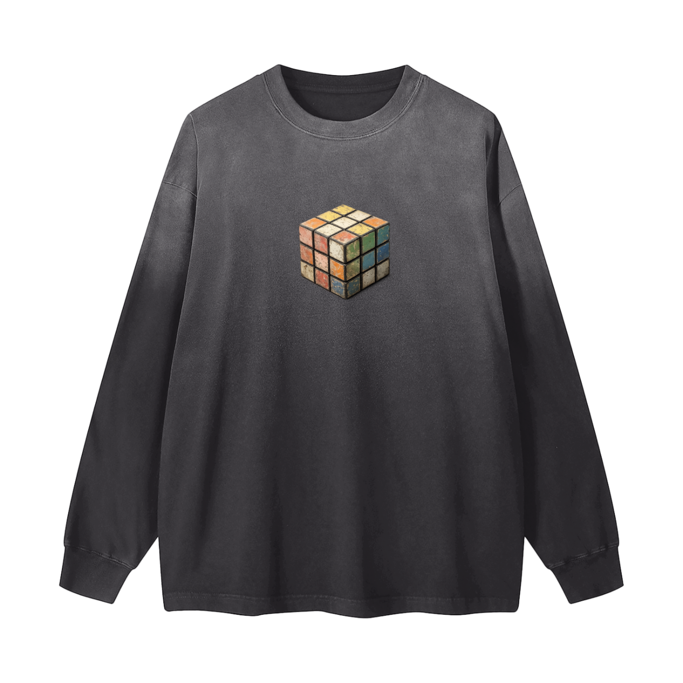 Black long-sleeve shirt with a colorful cube design on a white background