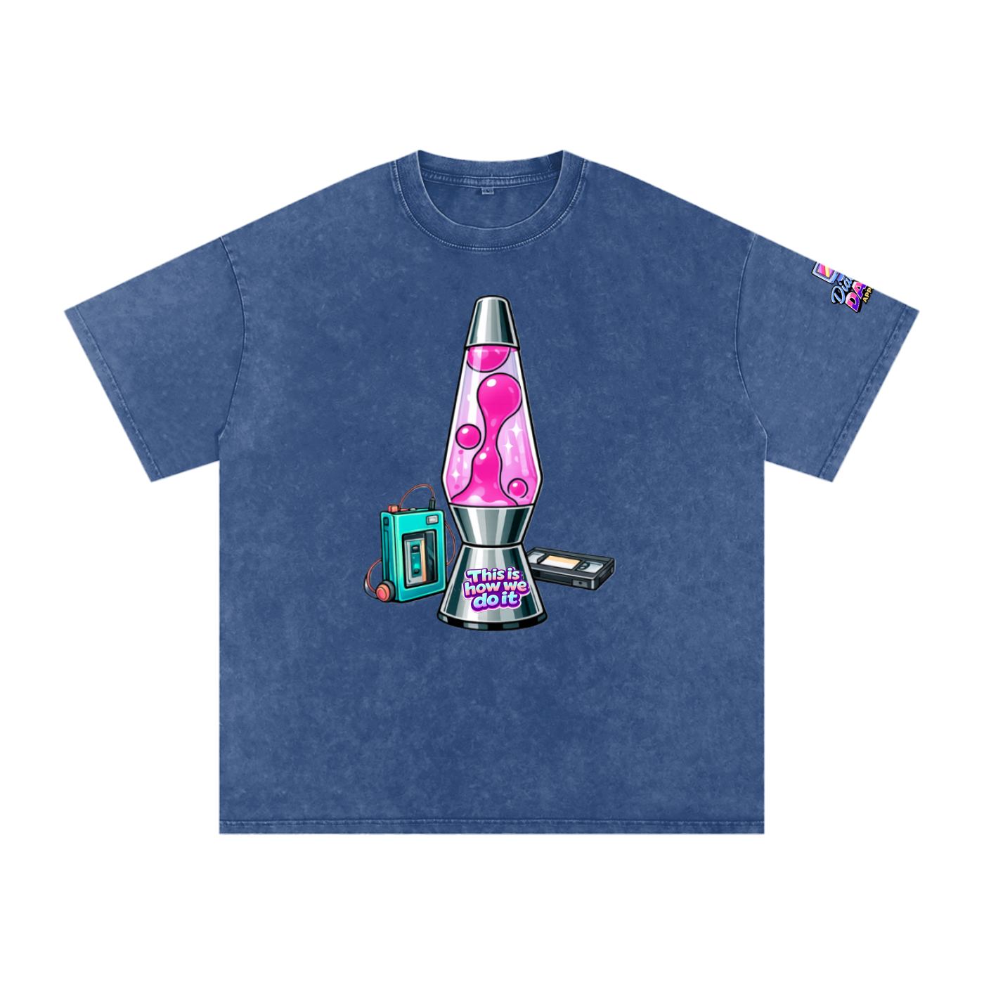 Blue t-shirt with a pink lava lamp graphic on a white background