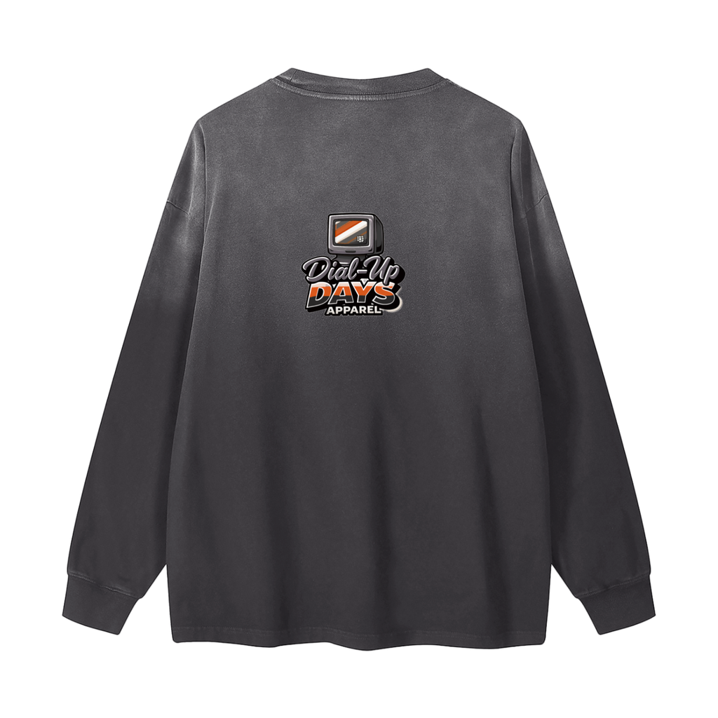 Black long-sleeve shirt with a logo on the back against a white background