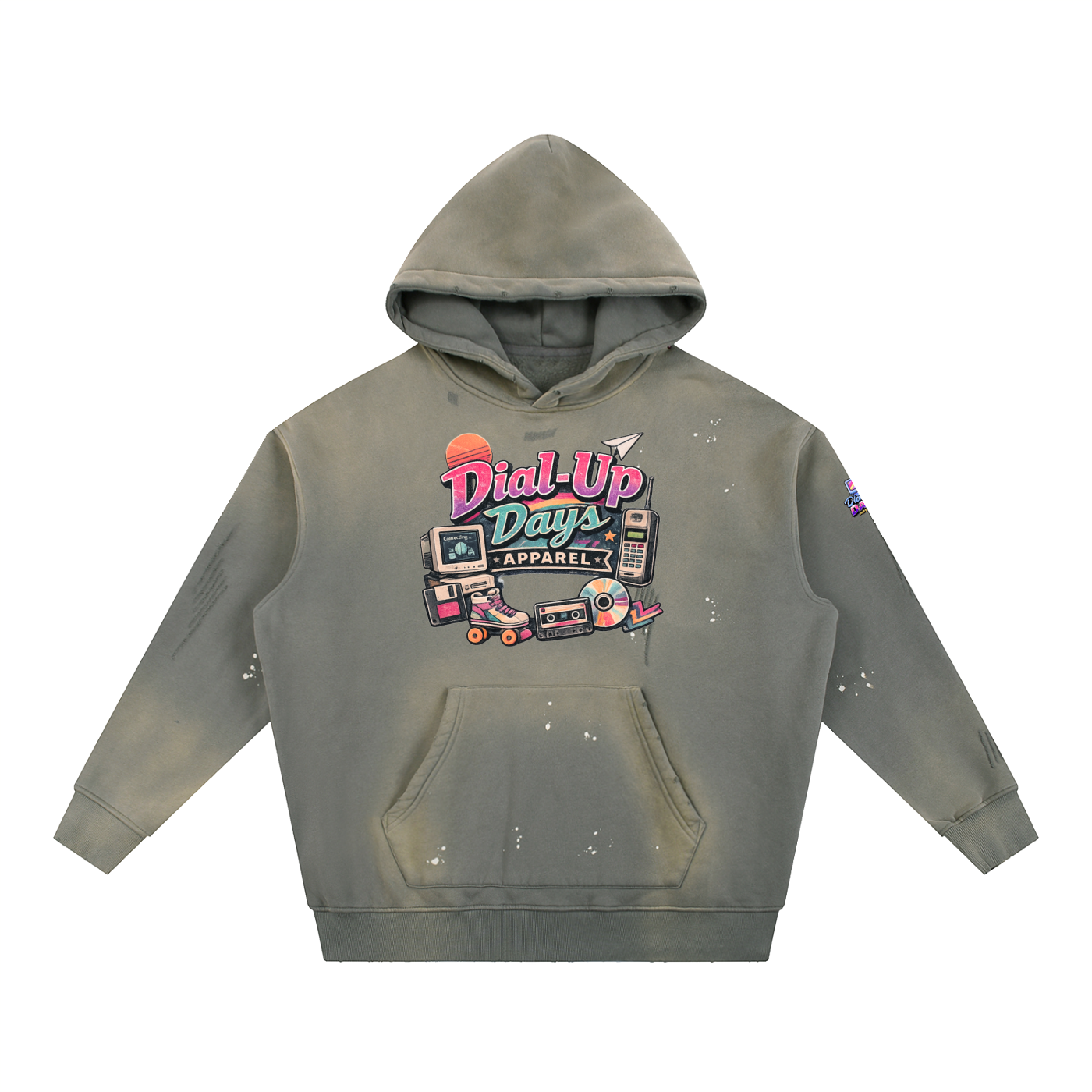Gray hoodie with colorful graphic design on a white background