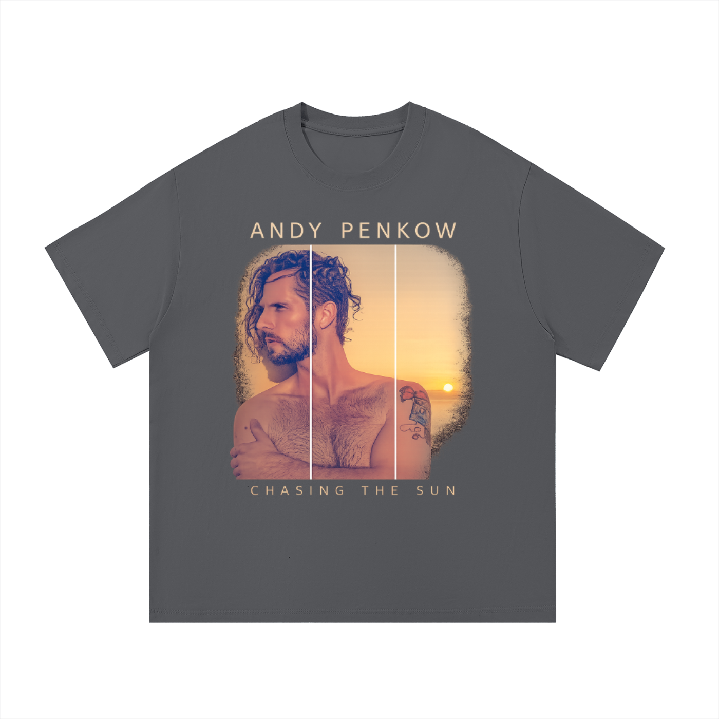Gray t-shirt with a graphic of a man and text 'Andy Penkow Chasing the Sun' on a white background