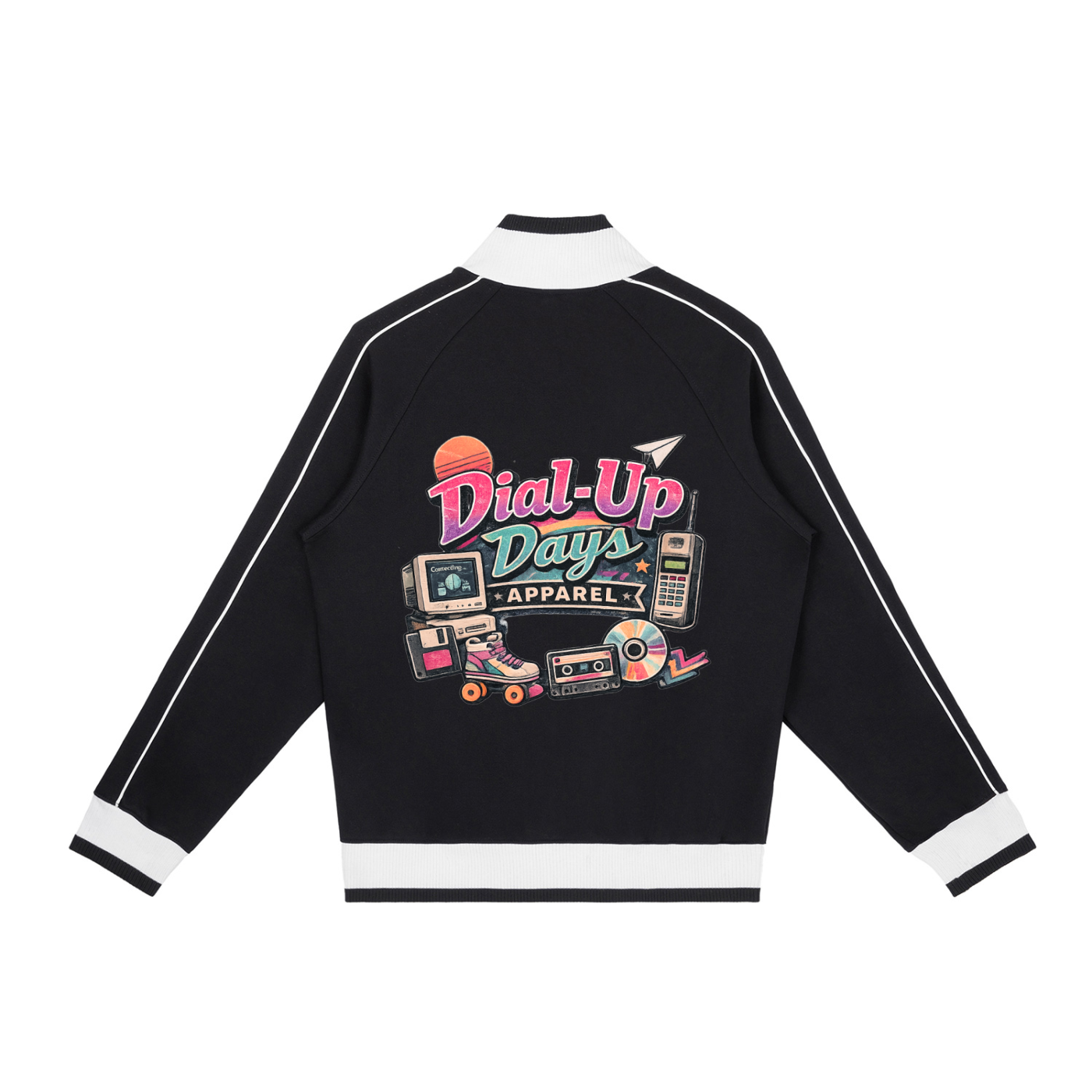 Black jacket with colorful 'Dial-Up Days Apparel' logo on a white background
