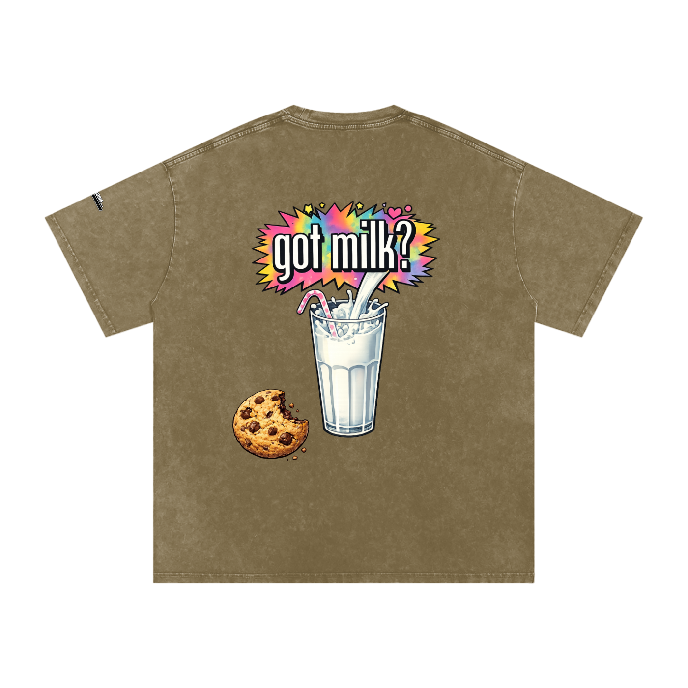 Brown t-shirt with 'got milk?' graphic and cookie on a white background