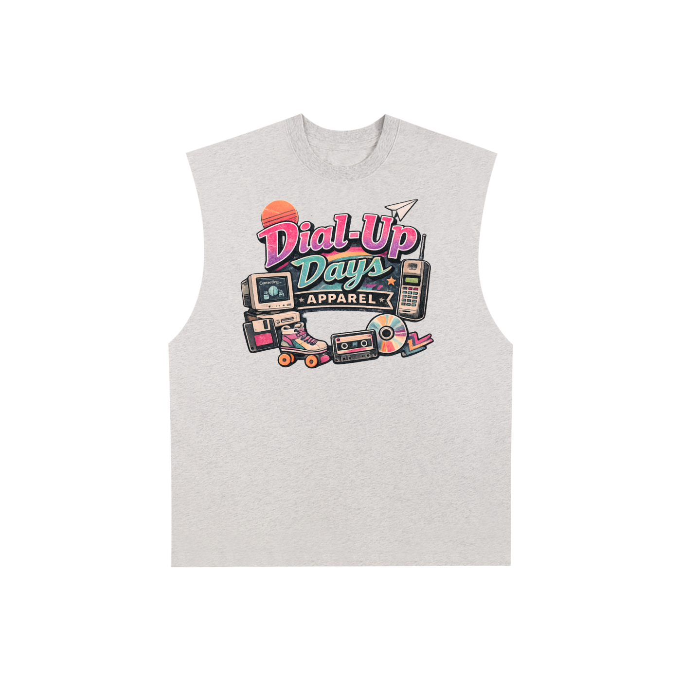 Gray sleeveless shirt with 'Dial-Up Days Apparel' graphic design on a white background
