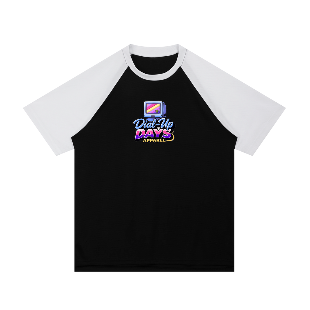 Black and white baseball shirt with 'Dial Up Days Apparel' logo on a white background